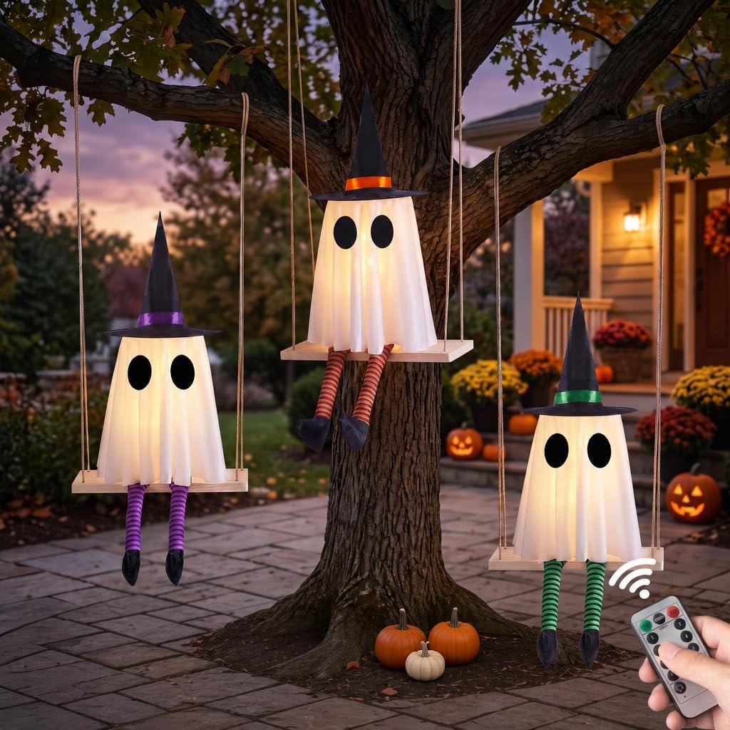 Halloween Swinging Ghost Outdoor Decor, Spooky Hanging Ghosts Decorations | Set of 3, Timer Function, Remote Control, Unique Ghost & Witch Fusion Design, Solid Wood, 29.5Inches Height