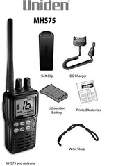 Uniden MHS75 Waterproof Handheld 2-Way VHF Marine Radio, Submersible, Selectable 1/2.5/5 Watt Transmit Power. All USA/International and Canadian Marine Channels.