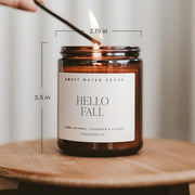 Sweet Water Decor Hello Fall Candle, 9oz Amber Jar, Autumn Scents for Home | Hot Cider, Cinnamon, Cloves, & Nutmeg Soy Wax Scent Notes, 40+ Hour Burn Time, Glass Jar, Black Lid, Thanksgiving & Halloween