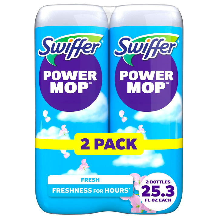 Swiffer PowerMop Liquid Floor Cleaner Refills, Solution for Power Mop, Fresh Scent, 2 Count Mopping Fluid Replacement Bottle, Spray Mops Cleaning Juice, No Bucket Needed, Multi-Surface and Wood