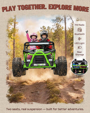 First Ride On 36V Kids Ride On UTV, 2-Seater 400W Electric Car for Kids 6+, 5-8 MPH Speed, 14" EVA Wheels, Metal Frame, Bluetooth Music, Rear Metal Suspension Off-Road Vehicle (Green)