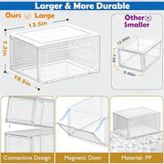 Sturdy Clear Shoe Organizer with Magnetic Door, Stackable Shoe Storage Box | Thick Plastic Shoe Storage for Sneakers & Boots, Collapsible Closet Shoe Rack and Clear Shoe Box, 6 Pack White