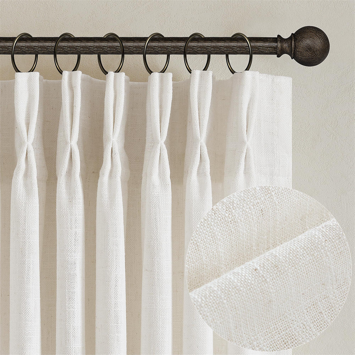 TWODRAPES Natural Pinch Pleated Linen Semi Sheer 84 Inch Curtains 2 Panels | Pinch Pleat Hooks Rings, Back Tab, Cream Ivory Birch, Boho Neutral, Textured Linen, Window Curtain for Living Room Bedroom