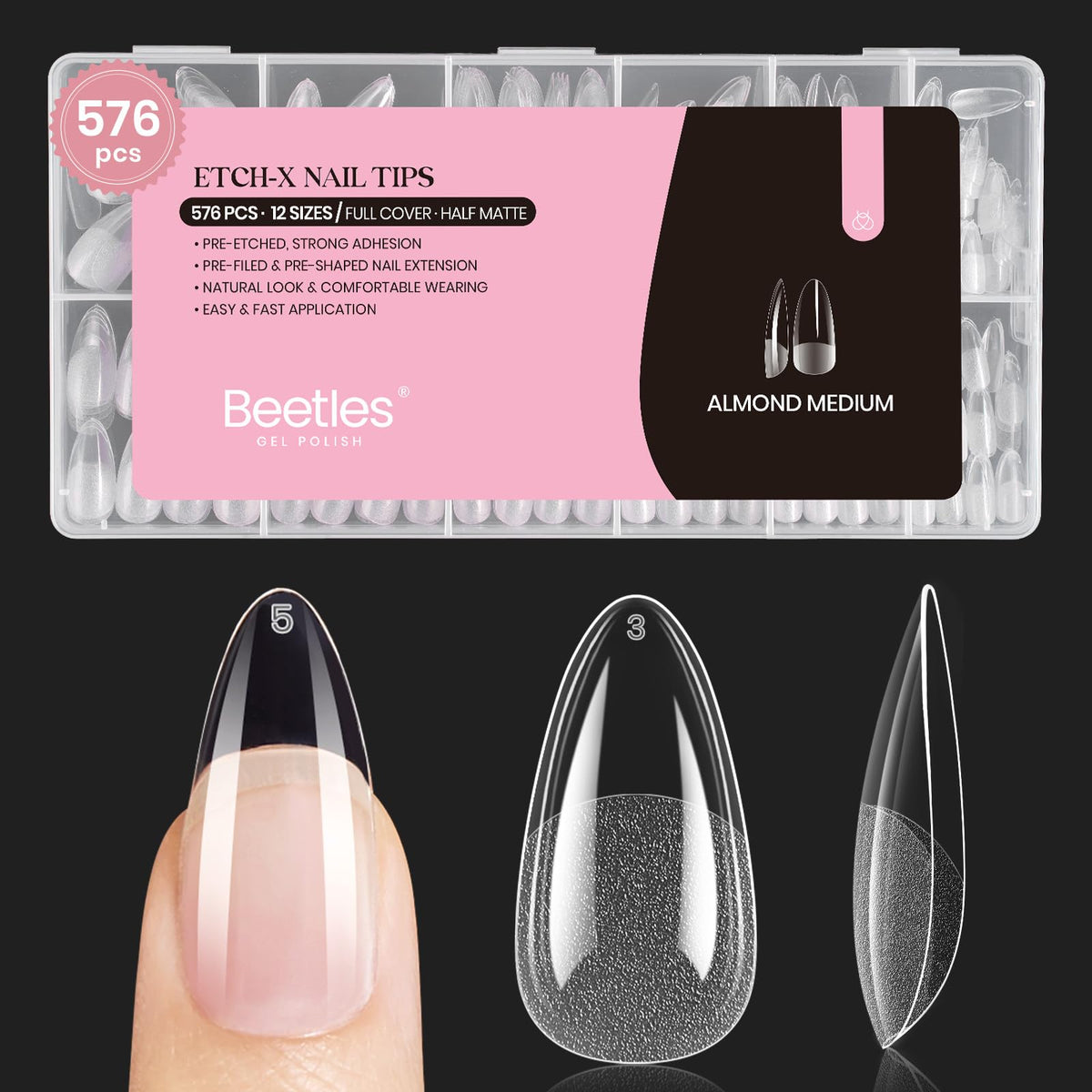 Beetles Medium Almond Nail Tips 576pcs 12 Sizes Pre-Etched Soft Gel Tips | Half Matte Full Cover Press on False Nail Tips Acrylic Nails DIY Extension Gift for Women