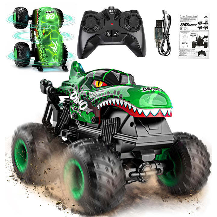 BEZGAR Monster Truck Toys, 1:20 Remote Control Car with Light & Music | Green Dinosaur Toys for Kids, RC Truck with 360° Spins and Drifting, Toy Car Gifts for Boys, Battery Life of 20 Minutes