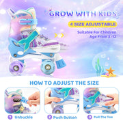 NEMONE Mermaid Adjustable Light up Roller Skates for Girls Boys | 4 Size Purple Blue Roller Skates for Toddlers, Beginner Kids Butterfly Roller Skates Indoor Outdoor