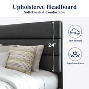 Allewie Queen Size Platform Bed Frame with Fabric Upholstered Headboard | Wooden Slats Support, Fully Upholstered Mattress Foundation, No Box Spring Needed, Easy Assembly, Noise-Free, Dark Grey