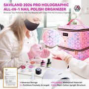 SAVILAND PU Leather Nail Polish Organizer Bag for Nail Tech, Pink | Holds 30 Bottles & Nail Lamp, Waterproof, Double-Layer, Adjustable Divider, Nail Organizers and Storage for Home and Travel