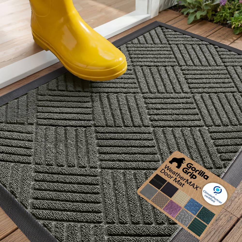 GORILLA GRIP WeatherMAX Door Mat, Indoor and Outdoor Use, Gray Diamond | 100% Waterproof Outdoor Doormat, US Designed, Stain & Fade Resistant, Low Profile Front Door Mat Easy Clean Welcome Mat 29x17