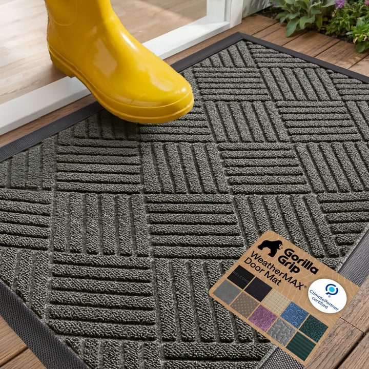 GORILLA GRIP WeatherMAX Door Mat, Indoor and Outdoor Use, Gray Diamond | 100% Waterproof Outdoor Doormat, US Designed, Stain & Fade Resistant, Low Profile Front Door Mat Easy Clean Welcome Mat 29x17
