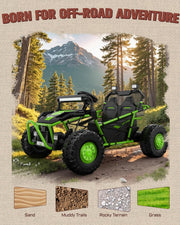 First Ride On 36V Kids Ride On UTV, 2-Seater 400W Electric Car for Kids 6+, 5-8 MPH Speed, 14" EVA Wheels, Metal Frame, Bluetooth Music, Rear Metal Suspension Off-Road Vehicle (Green)