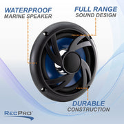 RecPro RV 6" Water Resistant Exterior Speaker (Black with Blue Accent) | Flush Mount, 35 Watts, 4 ohms, 0.6 lbs