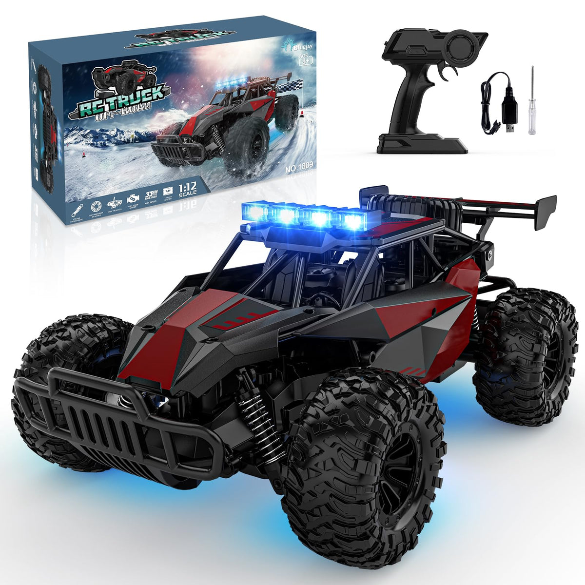 BLUEJAY Remote Control Car, 2.4GHz High Speed 33KM/H RC Cars Toys | 1:12 Monster RC Truck Off Road with LED Headlight and Rechargeable Battery Gifts for Adults Boys 8-12
