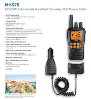 Uniden MHS75 Waterproof Handheld 2-Way VHF Marine Radio, Submersible, Selectable 1/2.5/5 Watt Transmit Power. All USA/International and Canadian Marine Channels.