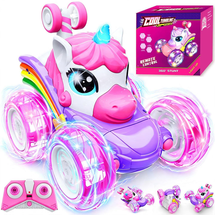 Unicorn Remote Control Car Toys for Girl, Unicorn Toy for Toddlers Ages 3+ | Pink RC Stunt Cars 4WD 360° Rotating 2.4GHz Toy Car with LED Lights, Birthday Gift for 3 4 5 6 7 8 9 Year Old Girls