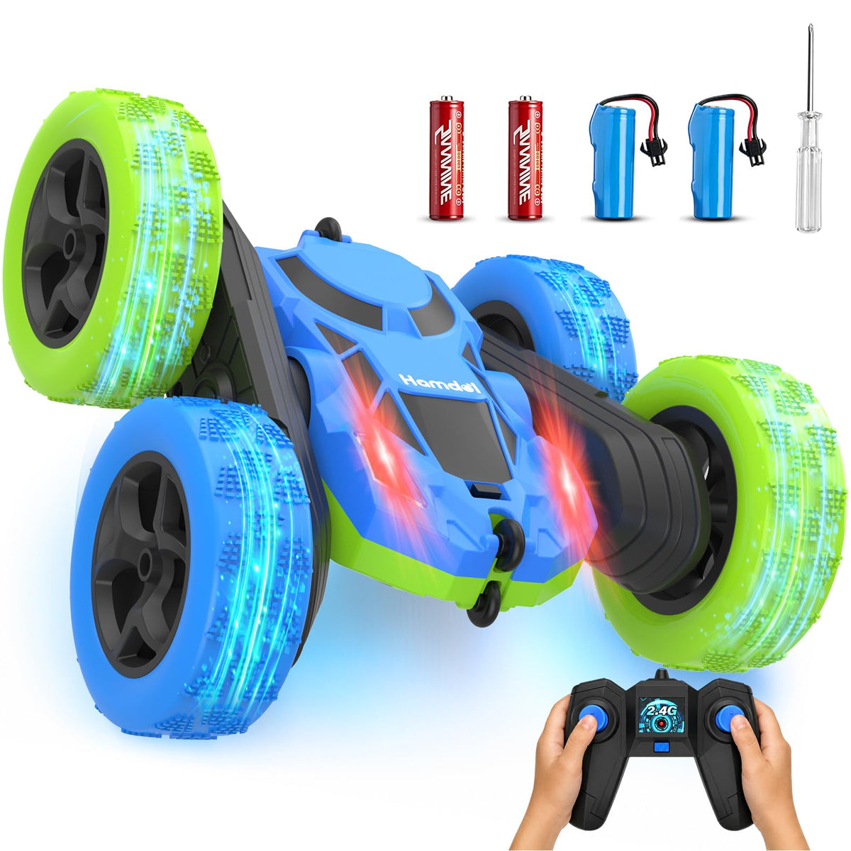 Hamdol Remote Control Car for Kids, 360° Rotating Double-Sided RC Car with LED Headlights, 4WD 2.4GHz Electric Rechargeable Toy Vehicle for Boys and Girls, Perfect Birthday