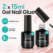 Beetles Gel Polish 2Pcs 15ml Nail Glue Kit for Acrylic Nails | 5 in 1 Super Strong Brush in Nail Gel Glue for False Nails Tips and Gel Nail Polish Led Lamp Required