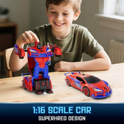Qumcou Spider-Themed Toys for Boys 3-8,1:16 Transforming Remote Control Car | Easy 2.4GHz Controls, One-Button Transforming RC Cars.Shining Red Blue Light,360° Spins for Indoor Play.Fun Gift for Boys