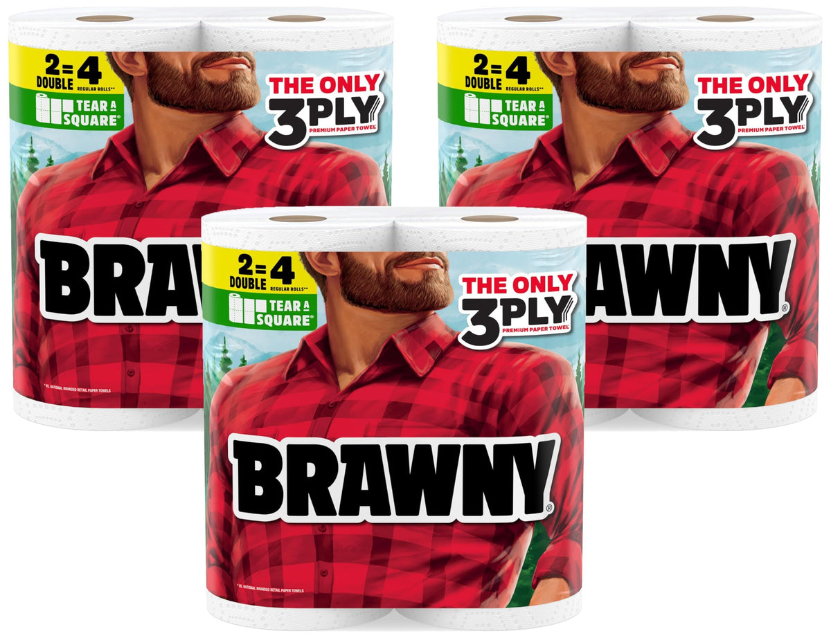 Brawny Tear-A-Square 3-Ply Paper Towels, 6 Double Rolls = 12 Regular Rolls (3 Packs of 2)
