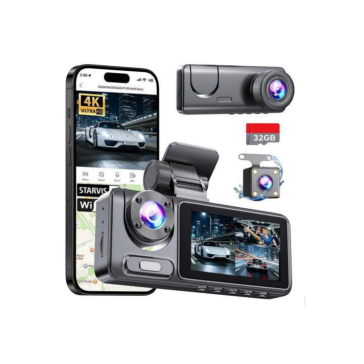 Dash Cam Front and Rear with 3 Channel, 4K Full UHD Car Camera | Dash Camera for Cars with Free 32GB Card, WiFi & App Control, IR Night Vision, 24 Parking Mode, Loop Recording, G-Sensor