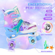 NEMONE Mermaid Adjustable Light up Roller Skates for Girls Boys | 4 Size Purple Blue Roller Skates for Toddlers, Beginner Kids Butterfly Roller Skates Indoor Outdoor