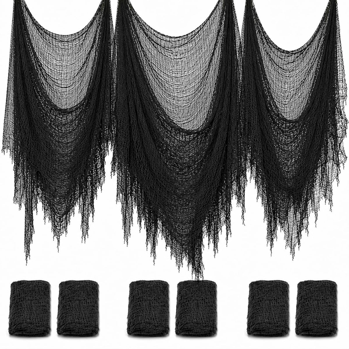 6 Pack Black Halloween Creepy Cloth, 30 x 72 Inch - Yobbai | Stretchy Cotton Gauze; Easy to Hang, Cut & Shape for Haunted Houses, Porches, Doorways, Mantels, Parties, Indoor or Outdoor