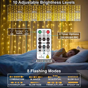 HXWEIYE 300LED Fairy Curtain Lights, 9.8x9.8Ft USB, Remote, 8 Modes & Timer | Dimmable, Christmas String Hanging Lights for Bedroom, Wedding Backdrop and Indoor Wall Decor, Warm White