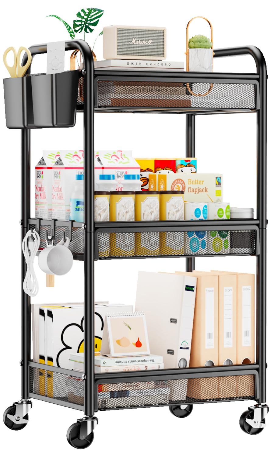 YASONIC 3 Tier Metal Rolling Cart, Black Utility Storage Cart with Wheels | Metal Mesh Craft Cart With Hooks & Hanging Cups, Ideal For Kitchen, Bathroom, Office, Dorm, Art Workspace, Bedside Storage