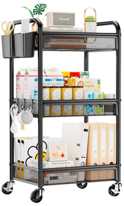 YASONIC 3 Tier Metal Rolling Cart, Black Utility Storage Cart with Wheels | Metal Mesh Craft Cart With Hooks & Hanging Cups, Ideal For Kitchen, Bathroom, Office, Dorm, Art Workspace, Bedside Storage