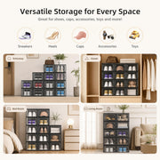 Kuject X-Large Shoe Storage Boxes 12 Pack, Clear Stackable Shoe Organizer | Drop-Front Space-Saving Shoe Cases for Closet, Entryway & Under-Bed Storage, Family Organizer,Black