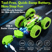 Threeking Remote Control Car Rc Flip Stunt Cars Toys Gifts for Kids Ages 6+ | Upgraded USB-C Modular Batteries 4WD Unique AUTO DEMO RGB Eye-Friendly Lights 360° Flips Double Sided Driving Stunt Car