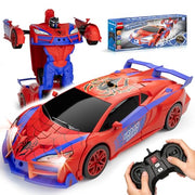 Qumcou Spider-Themed Toys for Boys 3-8,1:16 Transforming Remote Control Car | Easy 2.4GHz Controls, One-Button Transforming RC Cars.Shining Red Blue Light,360° Spins for Indoor Play.Fun Gift for Boys