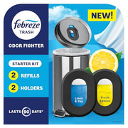Febreze Odor Fighter, Can Air Freshener, Stick-On Deodorizer for Garbage Cans, Diaper Pails, Works with Scented Bags, Fresh Lemon and Linen & Sky Scents, 2 Holders + 2 Refills
