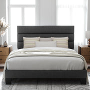 Allewie Queen Size Platform Bed Frame with Fabric Upholstered Headboard | Wooden Slats Support, Fully Upholstered Mattress Foundation, No Box Spring Needed, Easy Assembly, Noise-Free, Dark Grey