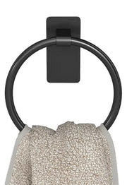 STWWO Hand Towel Holder for Bathroom, Adhesive Round Towel Ring, Black | for Bath RV Kitchen, Self Adhesive No Drill Hole, Easy to Install