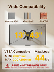 monTEK Full Motion Small TV Wall Mount for 13-43 Inch TVs up to 44 lb | ±90° Swivel, +5°/-15° Tilt, Landscape/Portrait Rotation, Extends 14.6 in, 4X Load Tested, VESA 200x200 mm, Single-Stud Mount