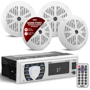 Pyle Marine Radio Receiver Speaker Set 12v Single Din Style Bluetooth Compatible Waterproof Digital Boat In Dash Console System with Mic 4 Speakers, Remote Control, Wiring Harness PLMRKT38W (White)