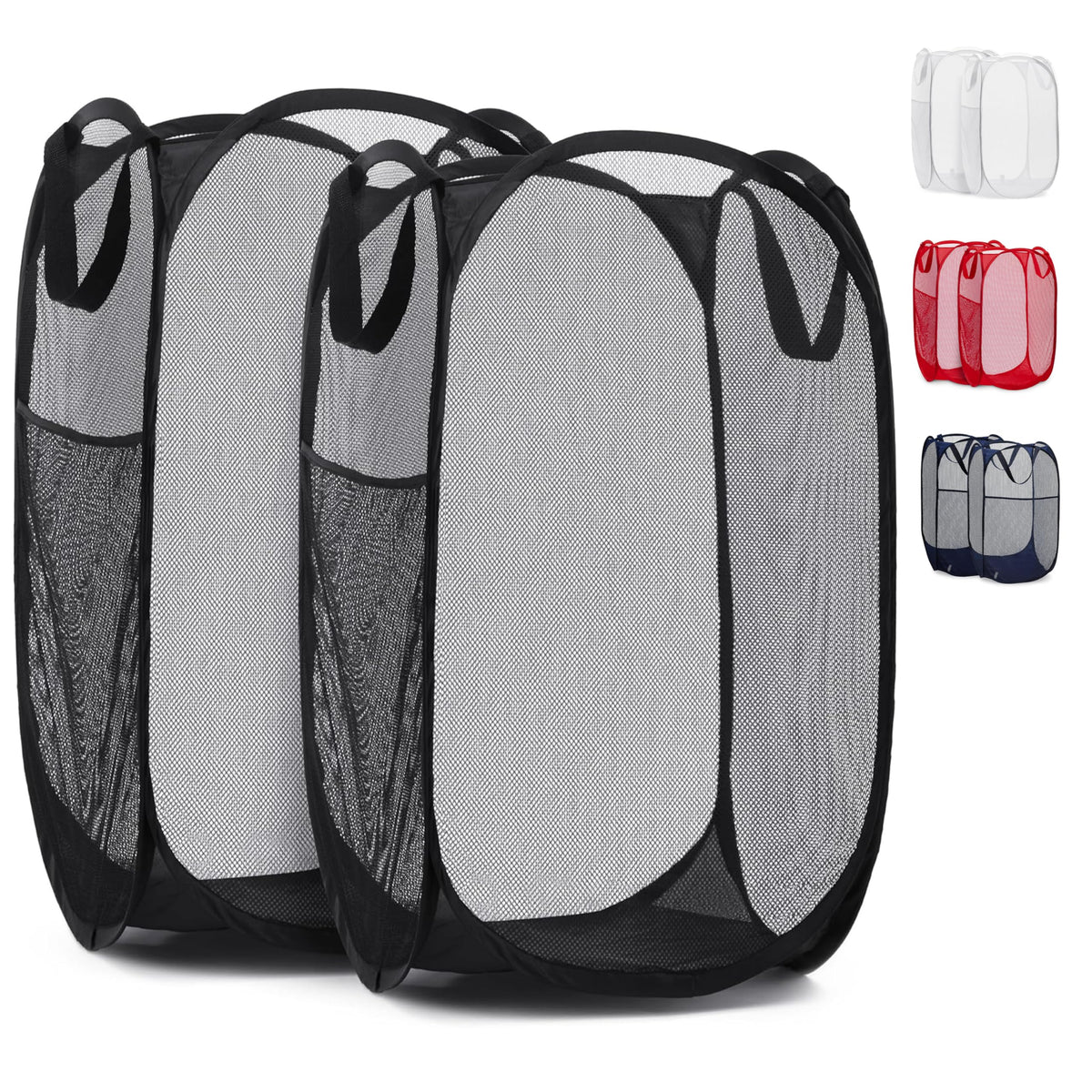 Handy Laundry Mesh Pop-Up Hamper Collapsible with Side Pocket 2-Pack | Breathable foldable design saves space; wide opening makes loading easy. Sturdy build stores clothes neatly. Black.