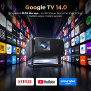 Portable Smart Projector [Bundled with Google TV Stick 14.0 & 4K Support & Dolby] with WiFi and Bluetooth HDR10,Ceiling Mini Movie Short Throw Projector Outdoor Auto Focus for Home Theater Bedroom