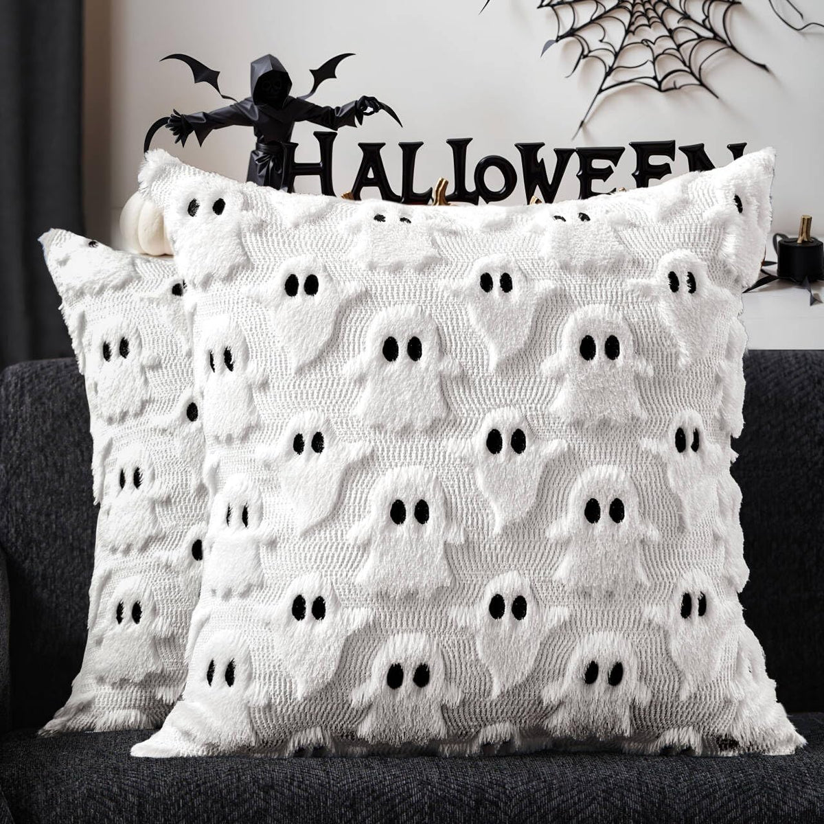 DFXSZ Halloween Pillow Covers 18x18 inch 2Pcs White Ghost Halloween Decor | Halloween Decorations Set of 2 Throw Pillow Cases Plush Faux Fur Wool Cushion for Chair Sofa Bedroom Living Room Home Decor