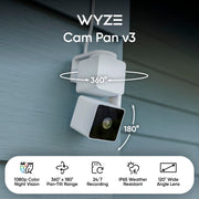 WYZE Cam Pan v3, Indoor/Outdoor Security Camera with 360° Pan/Tilt/Zoom | Vibrant Color Night Vision, IP65-rated, Pan Scan Auto Patrol, 2-way Audio and Privacy Mode, No subscription required.