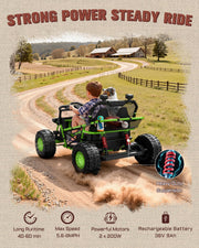 First Ride On 36V Kids Ride On UTV, 2-Seater 400W Electric Car for Kids 6+, 5-8 MPH Speed, 14" EVA Wheels, Metal Frame, Bluetooth Music, Rear Metal Suspension Off-Road Vehicle (Green)