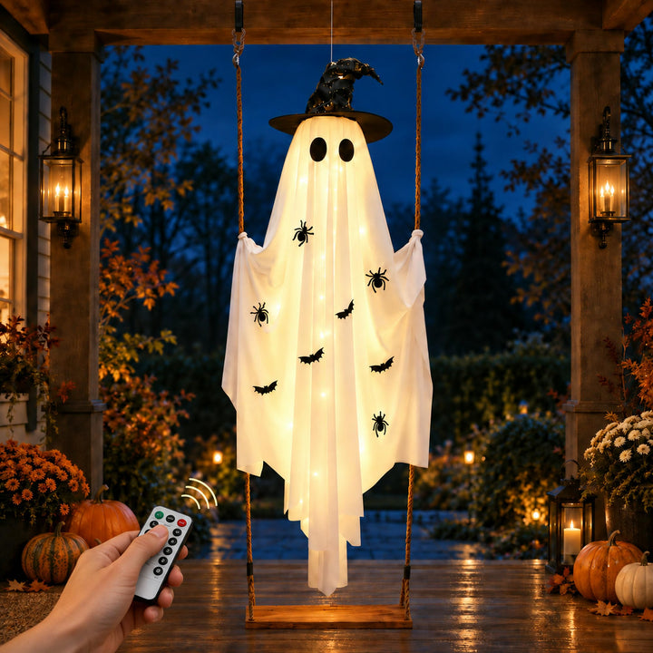 Halloween Decorations Outdoor,5.9ft Halloween Swinging Ghost Outdoor Decor | Pre-Assembled Decor,Height-Adjustable Swing,Remote-Timed Warm White String Lights,8 Light Modes for Porch, Yard and Tree
