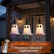 Halloween Swinging Ghost Outdoor Decor, Spooky Hanging Ghosts Decorations | Set of 3, Timer Function, Remote Control, Unique Ghost & Witch Fusion Design, Solid Wood, 29.5Inches Height