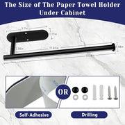 Black Paper Towel Holder, Self Adhesive Paper Towel Holder Under Cabinet | Stainless Steel, kitchen, Bathroom, Sink, Pantry, Fridge, durable, scratch-resistant, cling film, foil rolls, Drilling