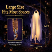 5FT Large Outdoor Halloween Decorations Swing Hanging Ghost for Porch, Yard | Ready to Hang Setup, Height-Adjustable Swing, Timer Remote Lights Strings, Draped Smooth Fabric, Porch Yard Lawn Tree Decor