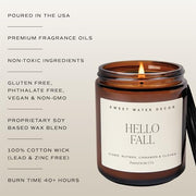 Sweet Water Decor Hello Fall Candle, 9oz Amber Jar, Autumn Scents for Home | Hot Cider, Cinnamon, Cloves, & Nutmeg Soy Wax Scent Notes, 40+ Hour Burn Time, Glass Jar, Black Lid, Thanksgiving & Halloween
