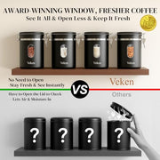 Veken Coffee Canister with Window, Airtight Stainless Steel Container, 22OZ | Kitchen Food Storage Pantry Organizers for Beans,Ground,Espresso,Rice,Tea,Sugar,Bar Accessories,Gifts,Lids,Jars, Scoop, Black
