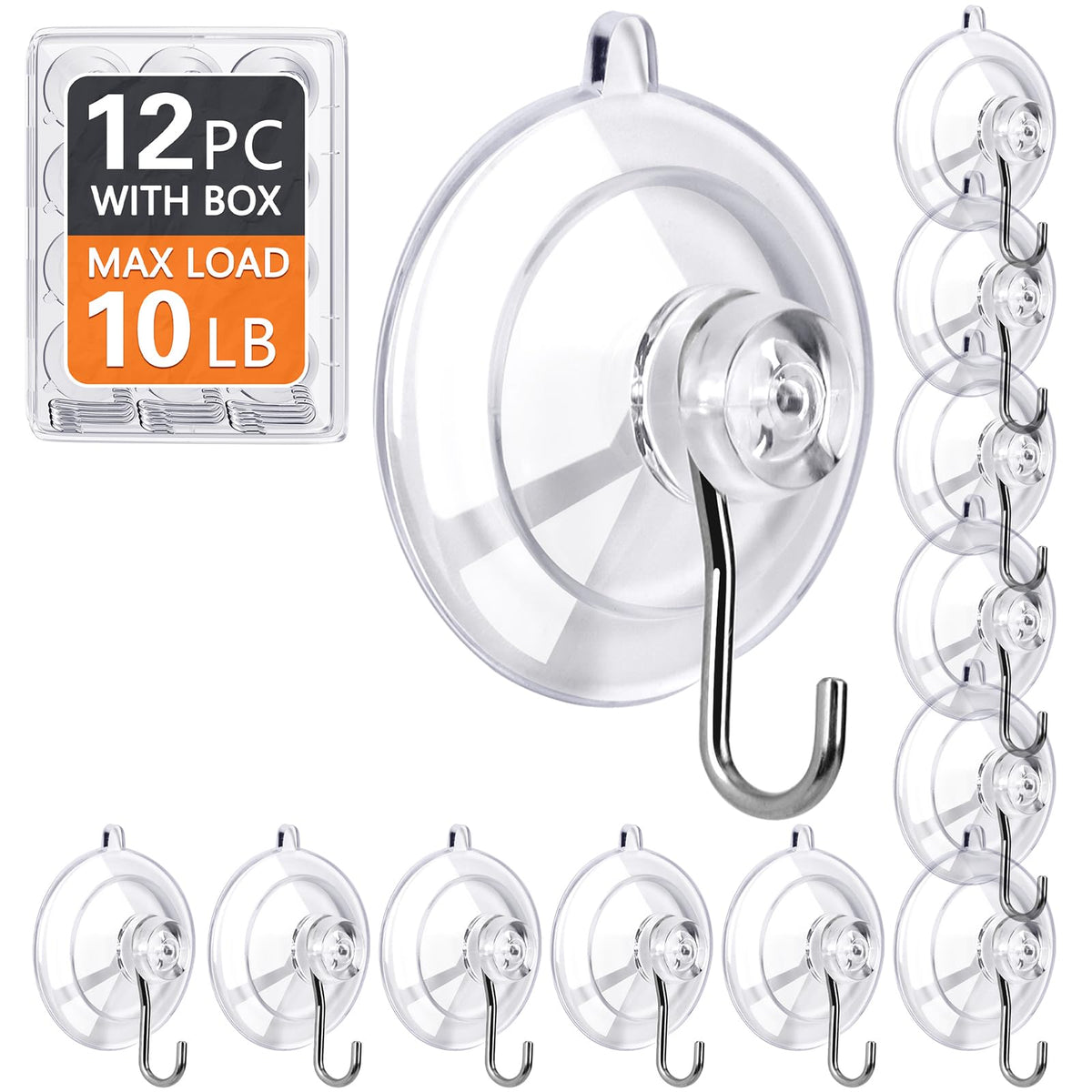 KORCCI Suction Cup Hooks 12Pack - Max Load 10LB, 1.77Inch Clear Medium Suction Cups, No Trace, Reusable & Removable, Stainless Steel Hooks, for Tile, Glass, Window, Shower, Kitchen, Bathroom