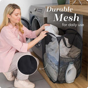 Handy Laundry Mesh Pop-Up Hamper Collapsible with Side Pocket 2-Pack | Breathable foldable design saves space; wide opening makes loading easy. Sturdy build stores clothes neatly. Black.